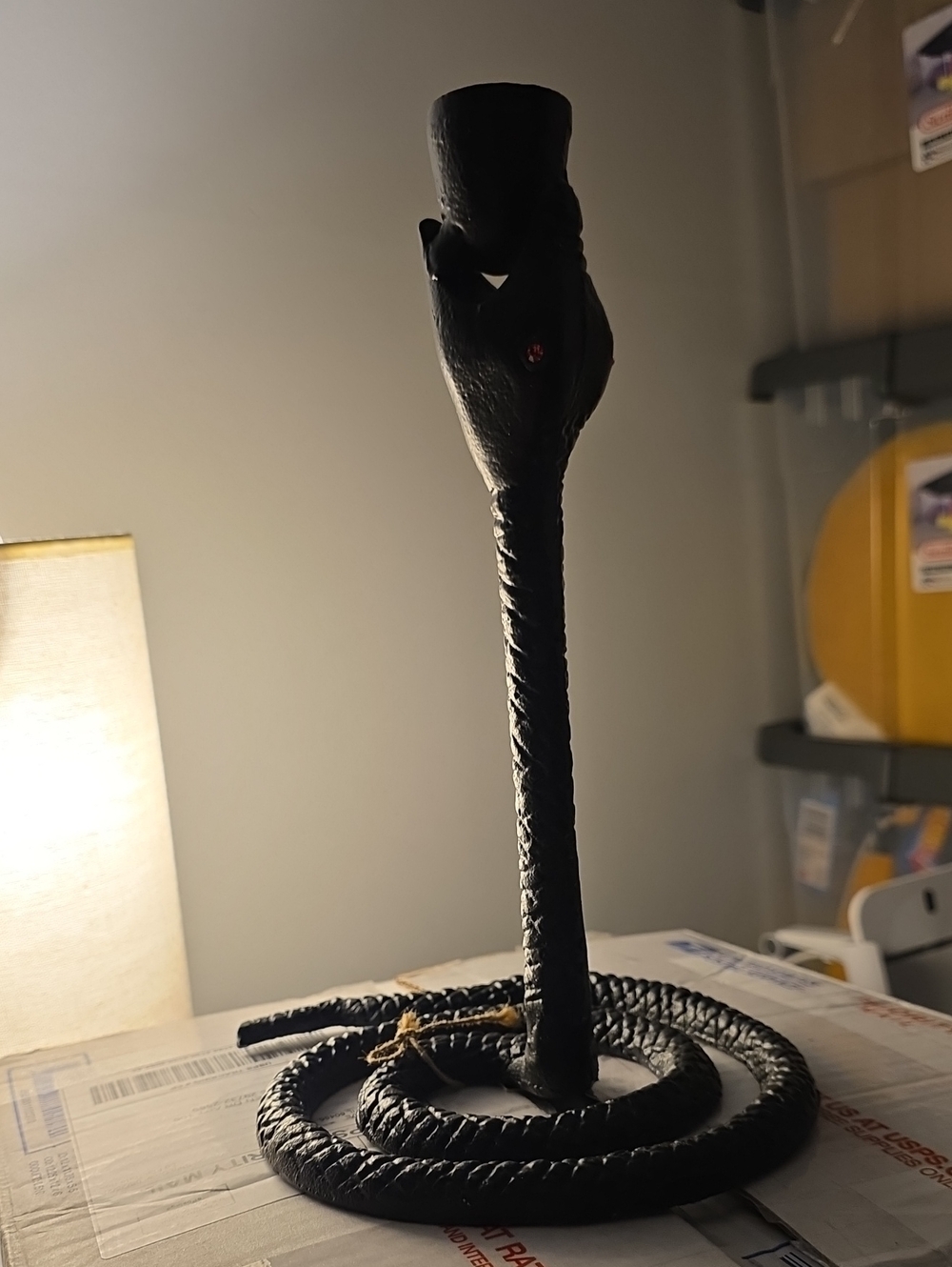 Decorative Black Snake Wrought Iron Candlestick with Red Jeweled Eyes